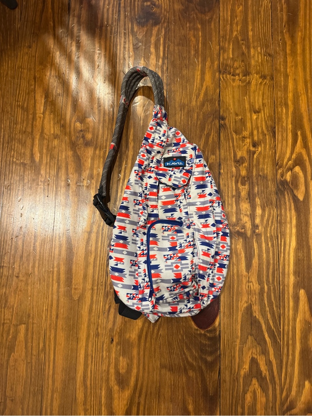 Kavu Women's Rope Sling Bag in Red, Blue & White Aztec Print